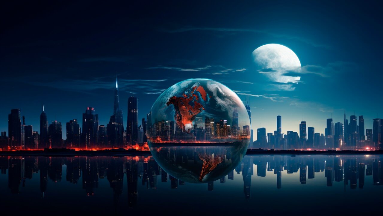 Elevated global branding graphic — eye view and future architecture concept for business